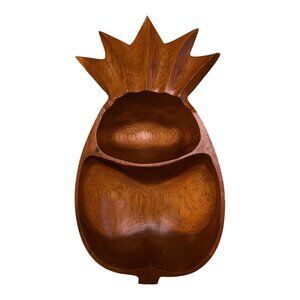 VTG Hand-Carved Wooden Pineapple Serving Dish – 2 Compartment Snack Tray – 13” x